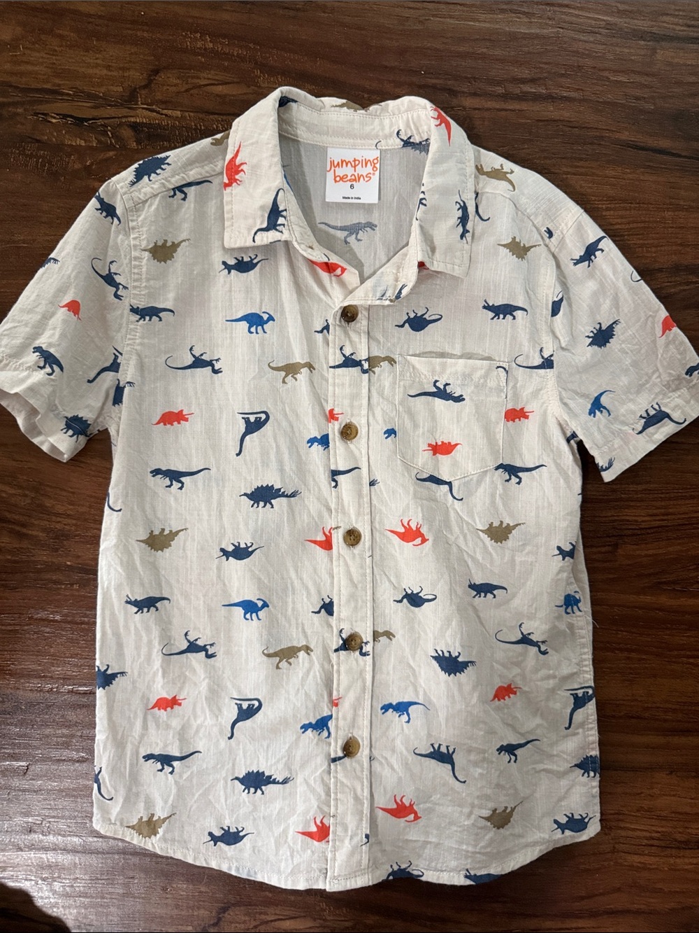 jumping beans Cream Short-Sleeve Button-Up with Blue, orange& Tan Dinosaur Print